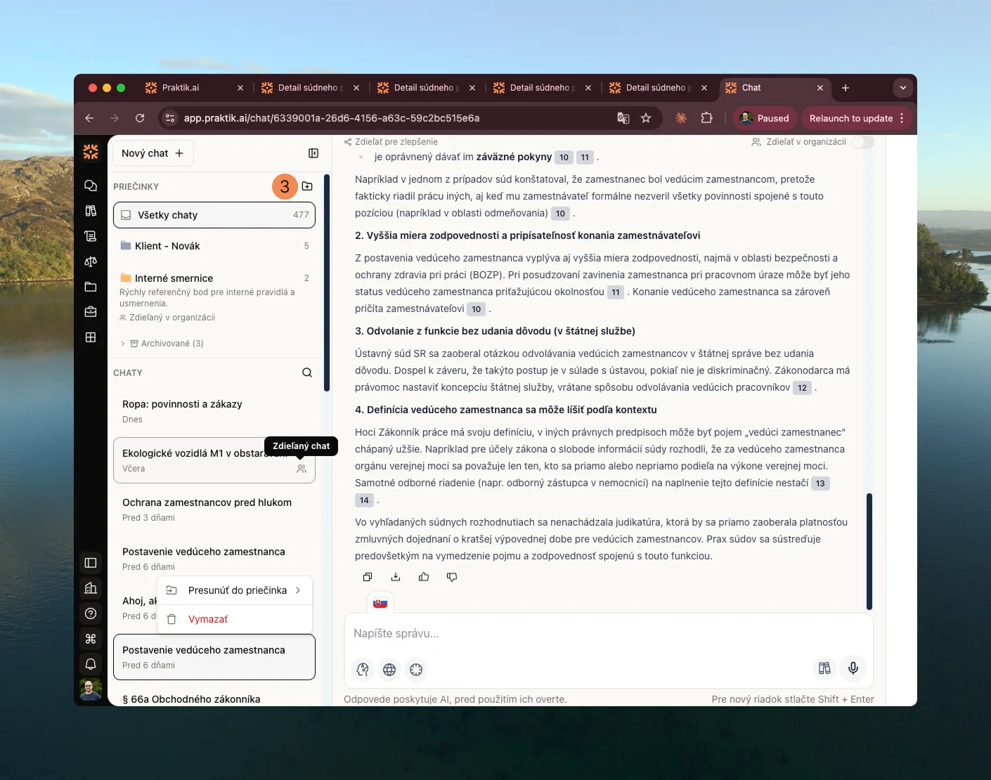 Kontextové menu s možnosťou "Vytvoriť priečinok" vyznačené číslom 3