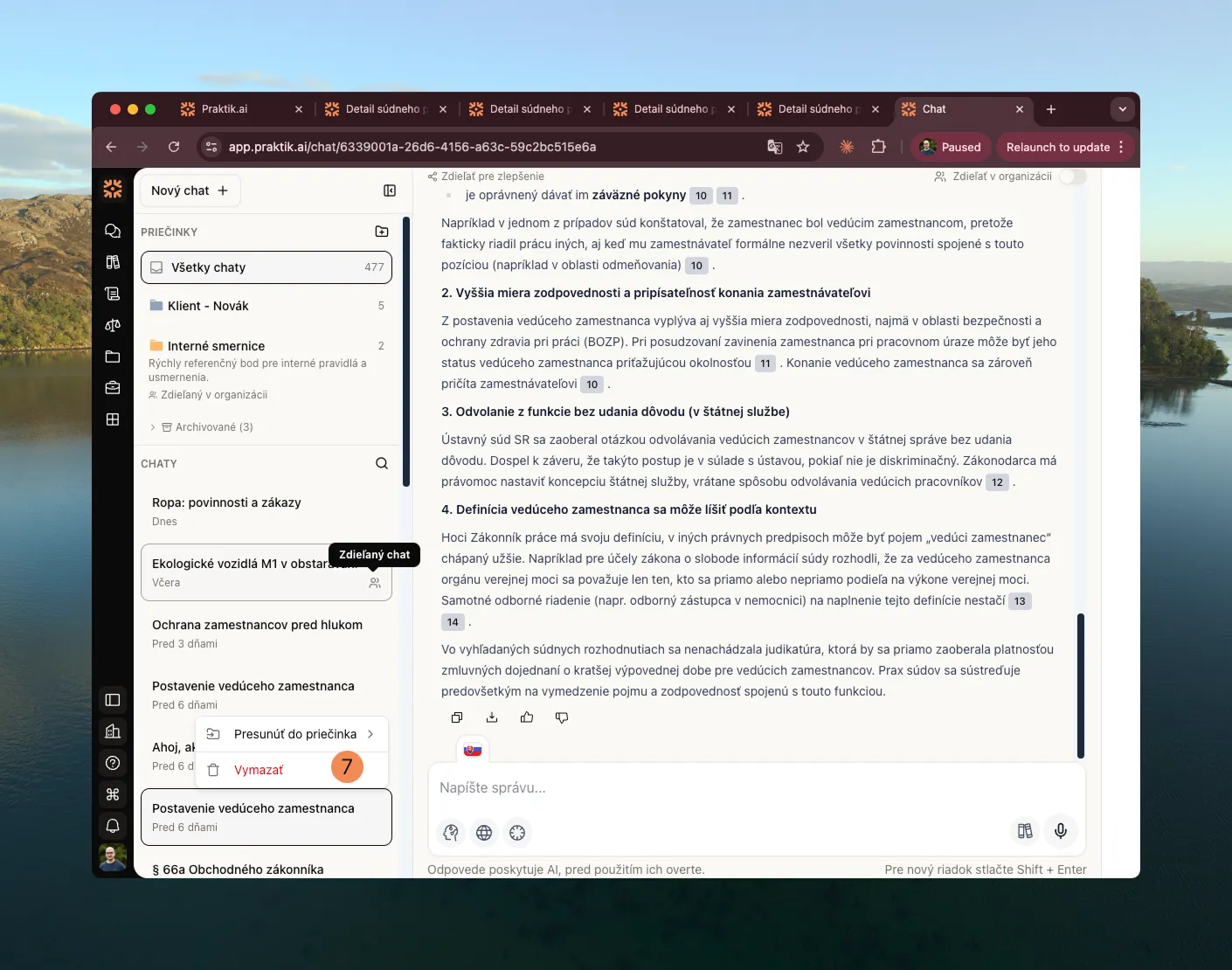 Kontextové menu chatu s možnosťami “Vymazať” a “Presunúť” vyznačené číslom 7