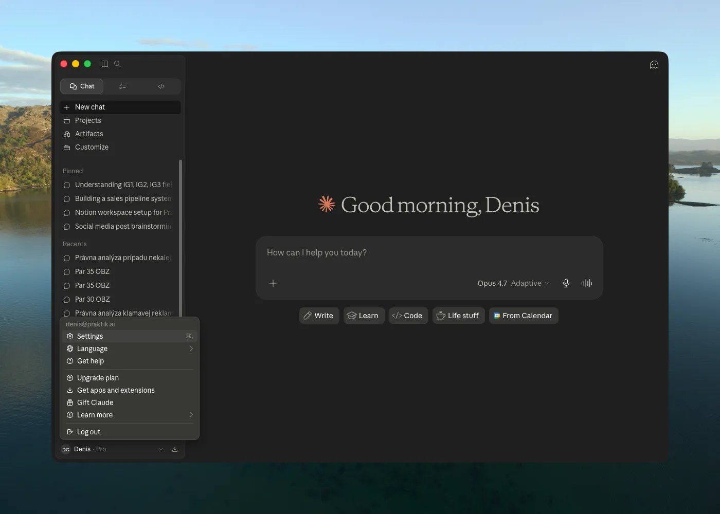 Claude používateľské menu so zvýraznenou položkou Settings