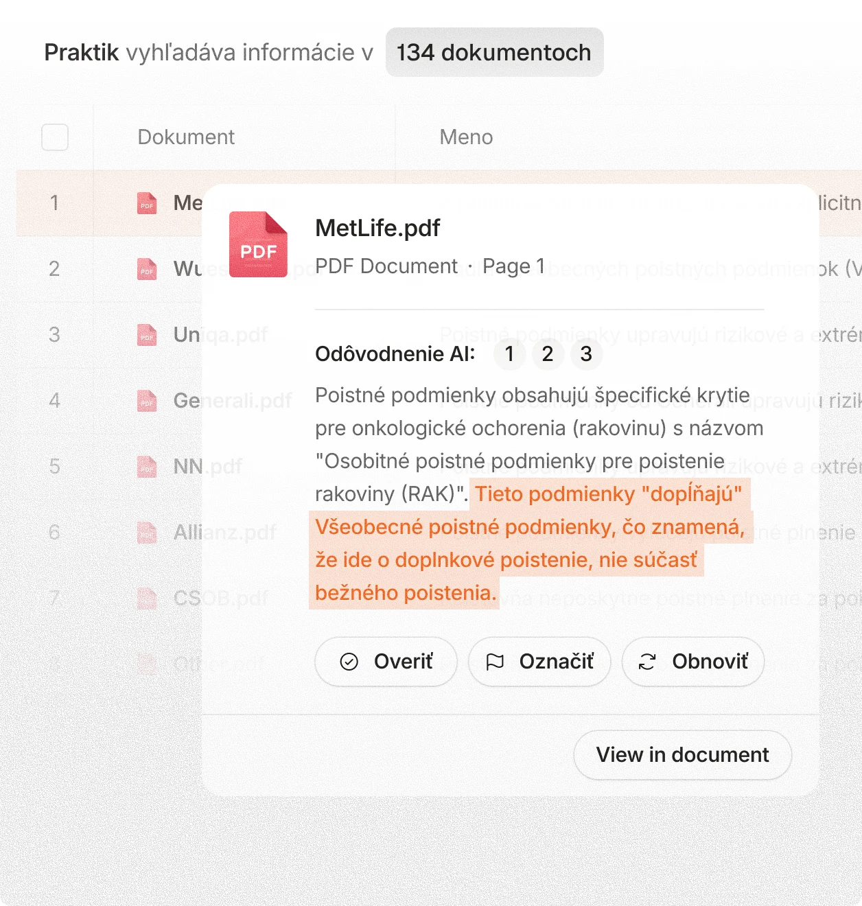 Praktik Due Diligence tables interface preview