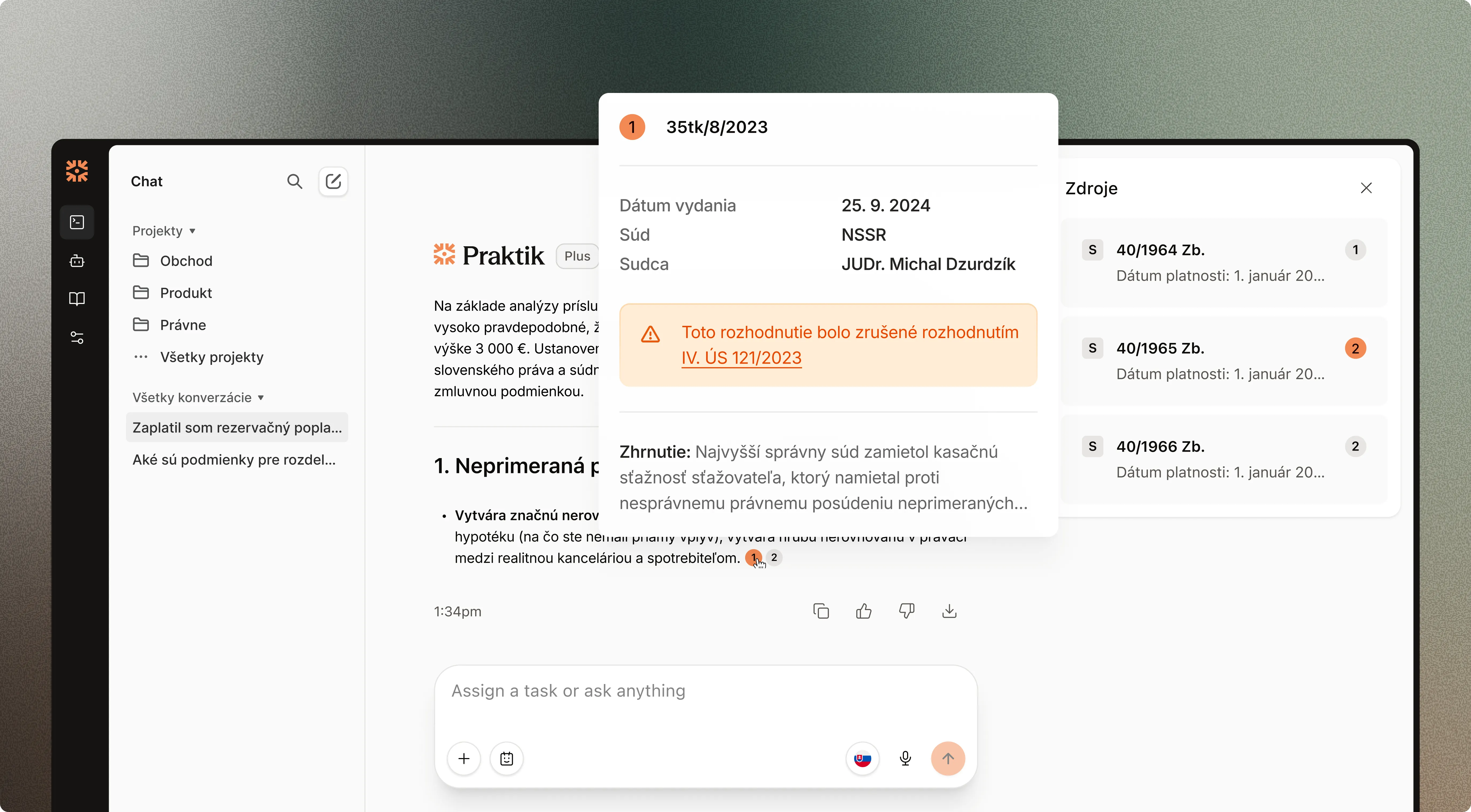 Pracovné prostredie Praktik AI s právnym výskumom, chatom a citovanými zdrojmi