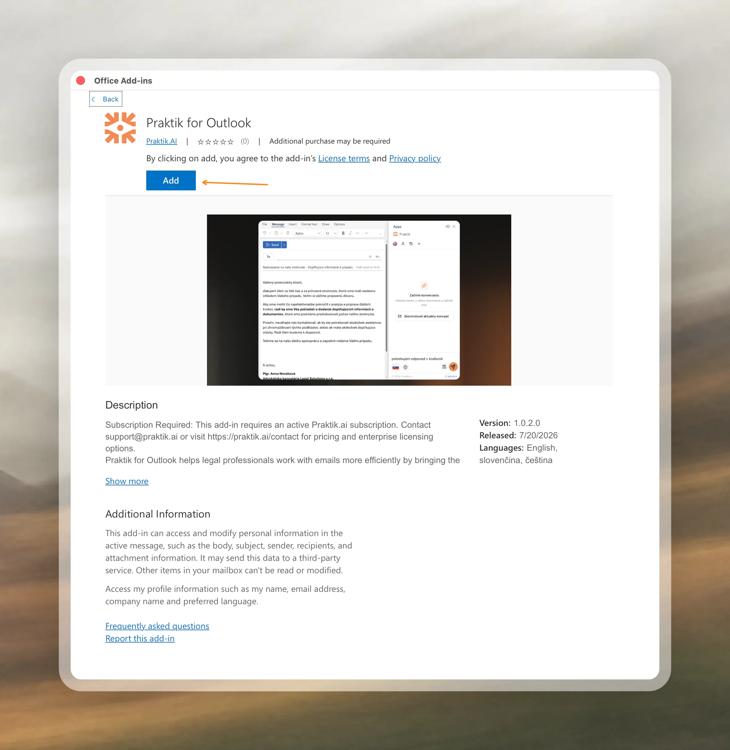 Přidání Praktik for Outlook