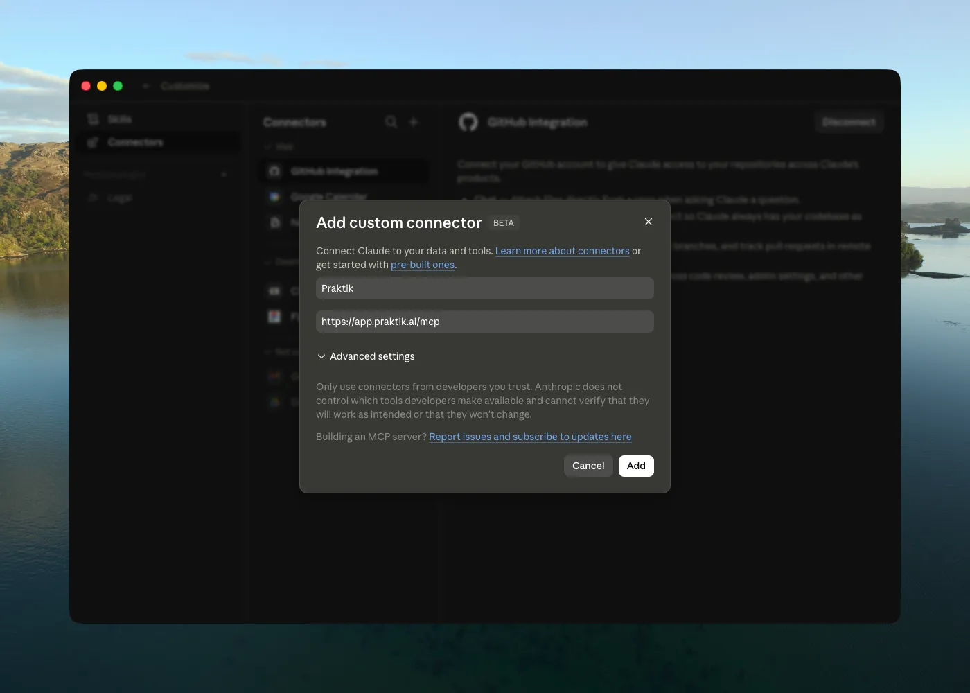 Dialóg Add custom connector s názvom Praktik a MCP URL