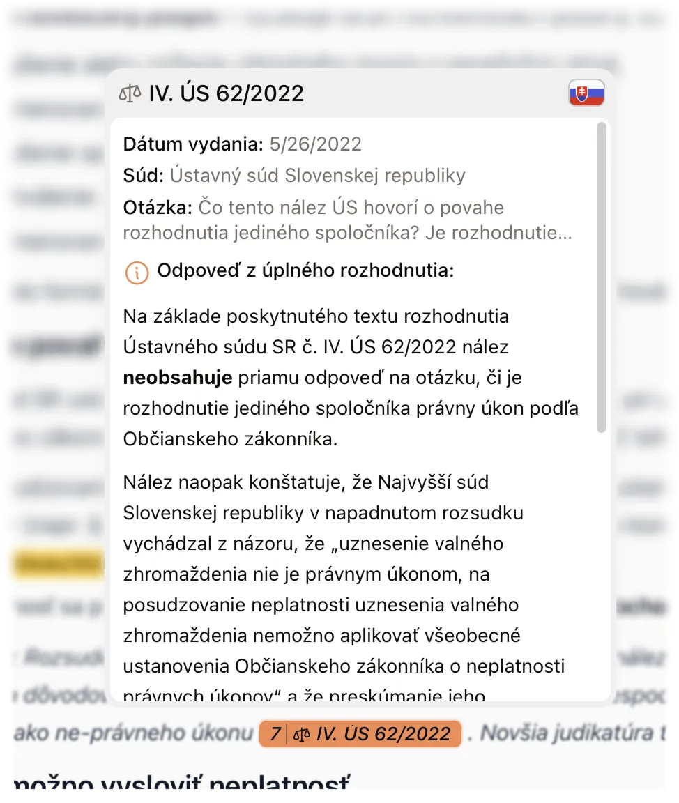 Náhľad referencie na súdne rozhodnutie po prejdení myšou